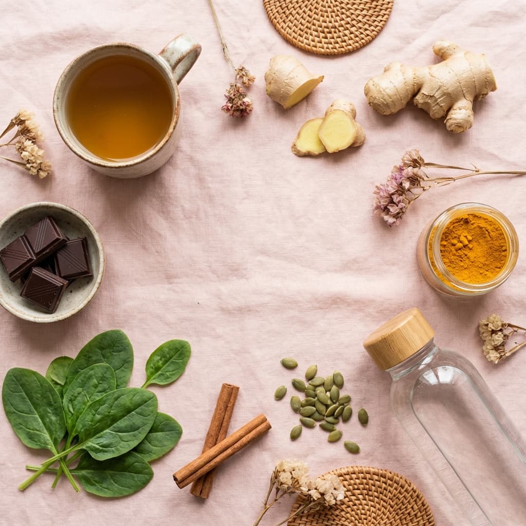 Natural remedies for heavy periods including ginger tea, iron-rich foods, and self-care essentials