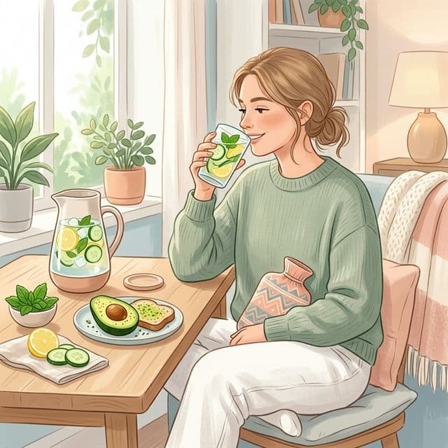 Healthy foods and water to help with period bloating